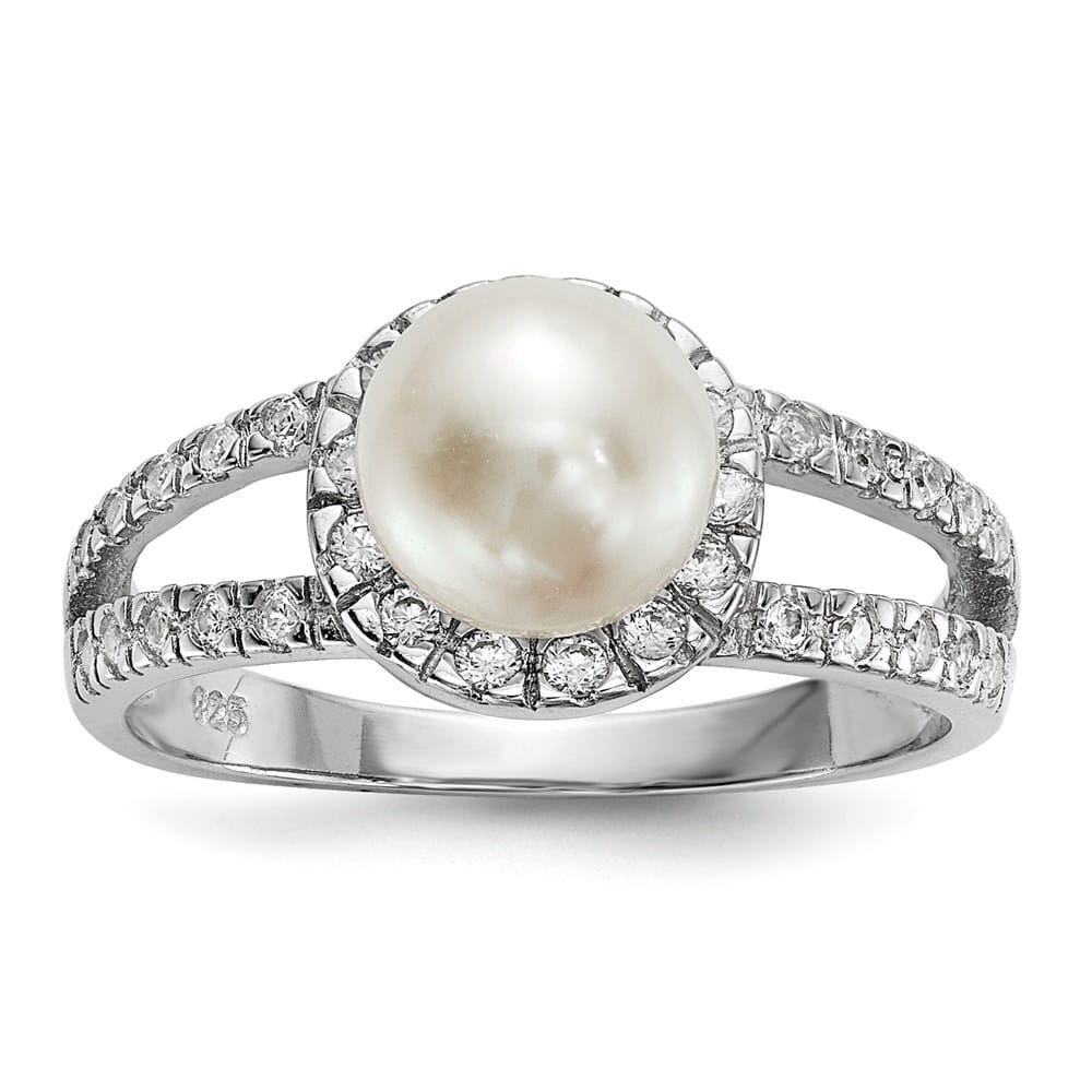 Sterling Silver White Button Cultured Pearl and CZ 7-8 mm Ring