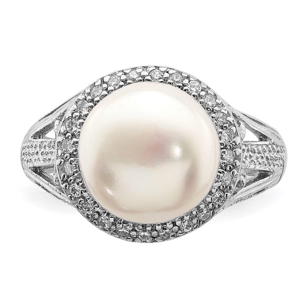 Sterling Silver White Button Cultured Pearl CZ 10-11 mm Textured Ring