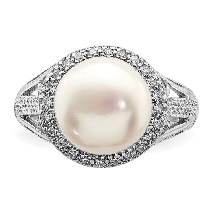 Sterling Silver White Button Cultured Pearl CZ 10-11 mm Textured Ring