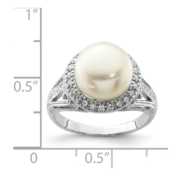 Sterling Silver White Button Cultured Pearl CZ 10-11 mm Textured Ring