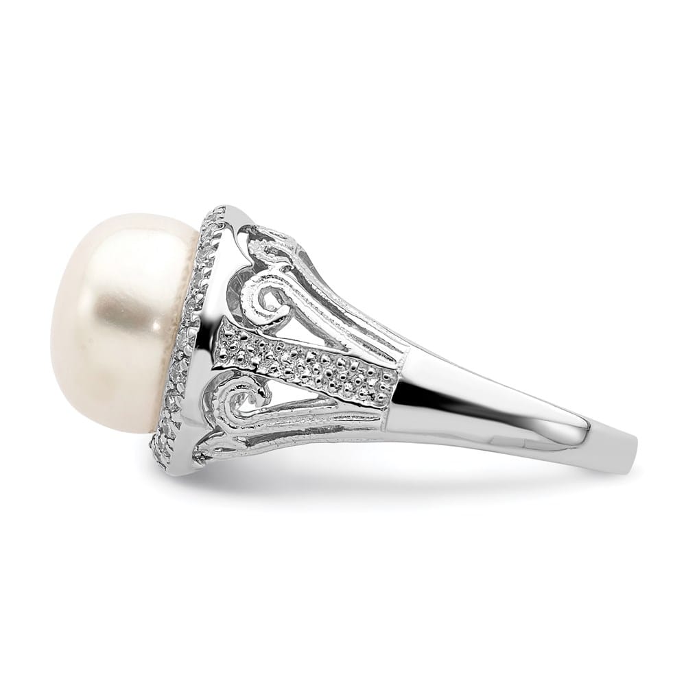 Sterling Silver White Button Cultured Pearl CZ 10-11 mm Textured Ring