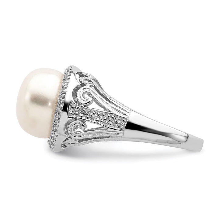 Sterling Silver White Button Cultured Pearl CZ 10-11 mm Textured Ring