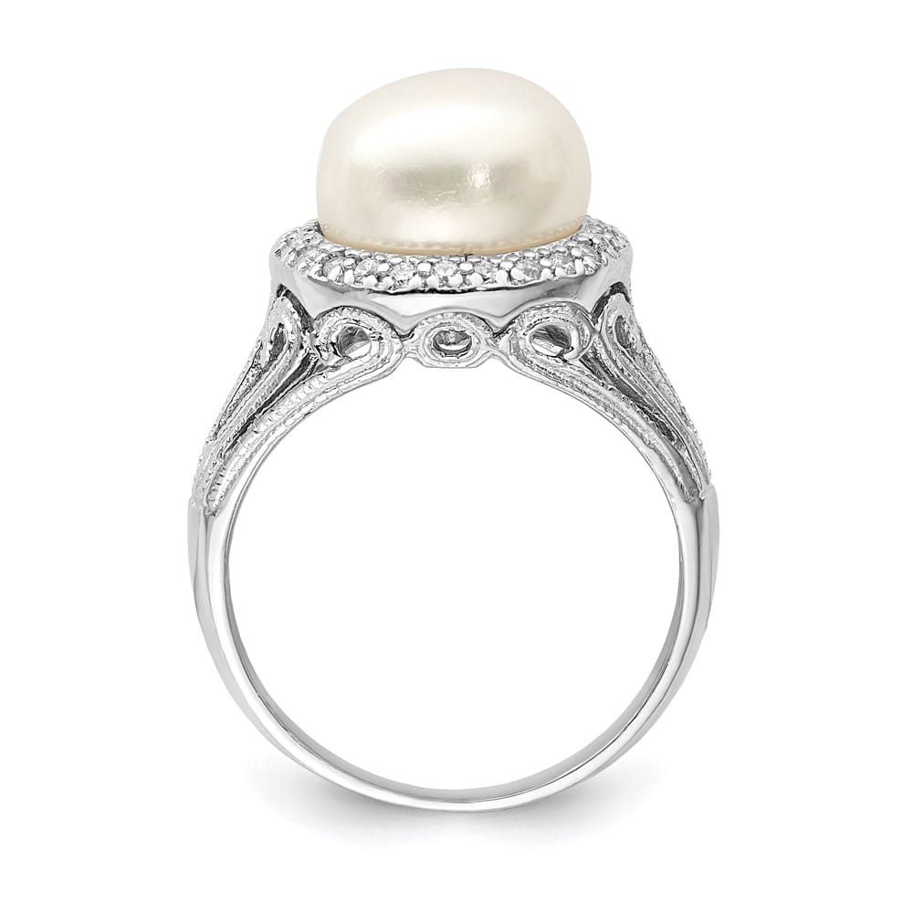 Sterling Silver White Button Cultured Pearl CZ 10-11 mm Textured Ring