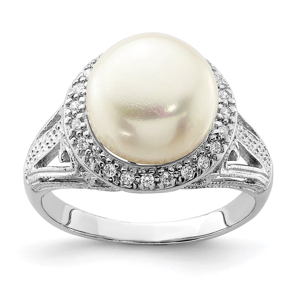 Sterling Silver White Button Cultured Pearl CZ 10-11 mm Textured Ring