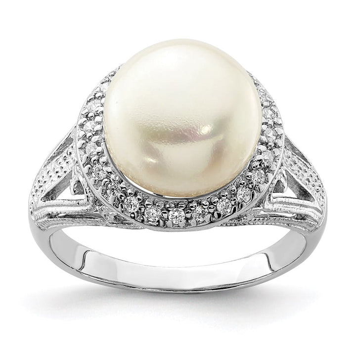 Sterling Silver White Button Cultured Pearl CZ 10-11 mm Textured Ring