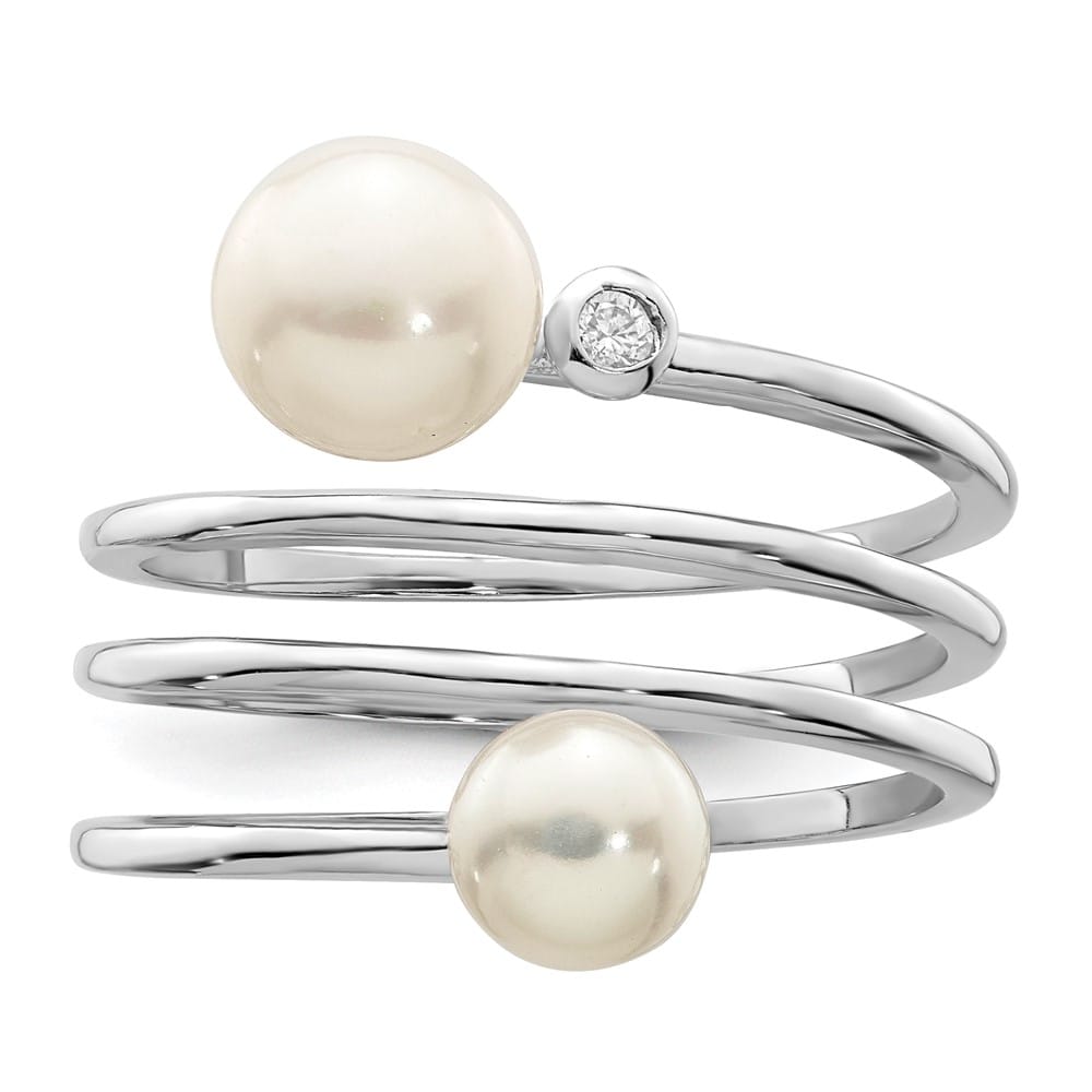Sterling Silver White Button Cultured Pearl CZ 5-7 mm Textured Ring Adjustable