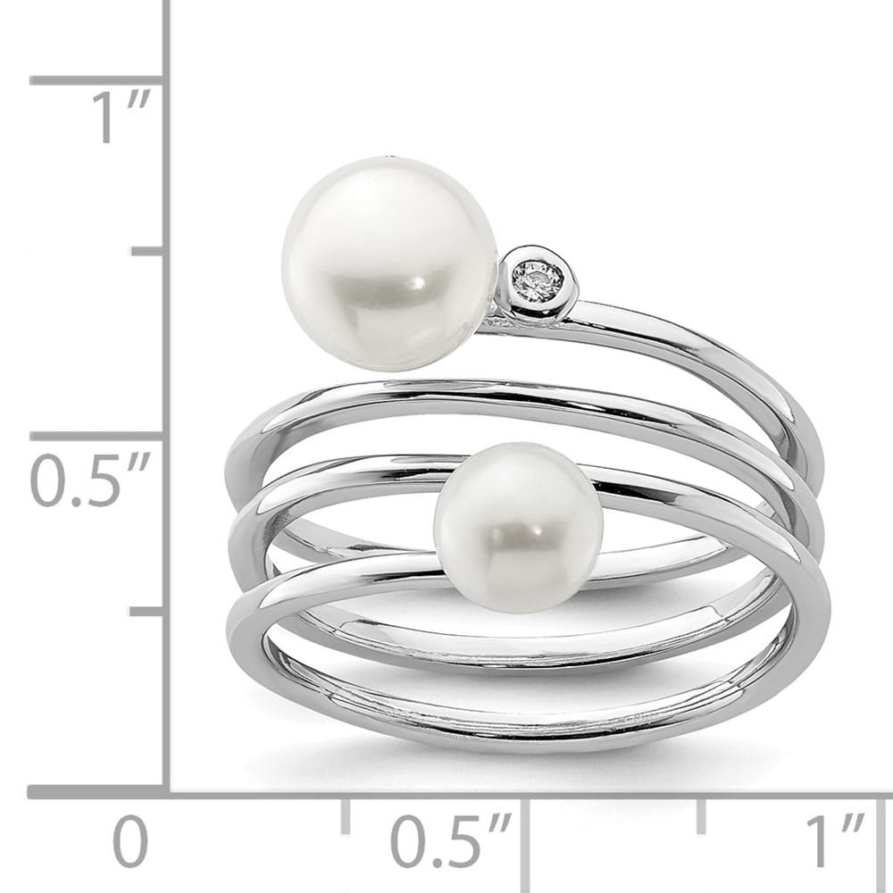 Sterling Silver White Button Cultured Pearl CZ 5-7 mm Textured Ring Adjustable