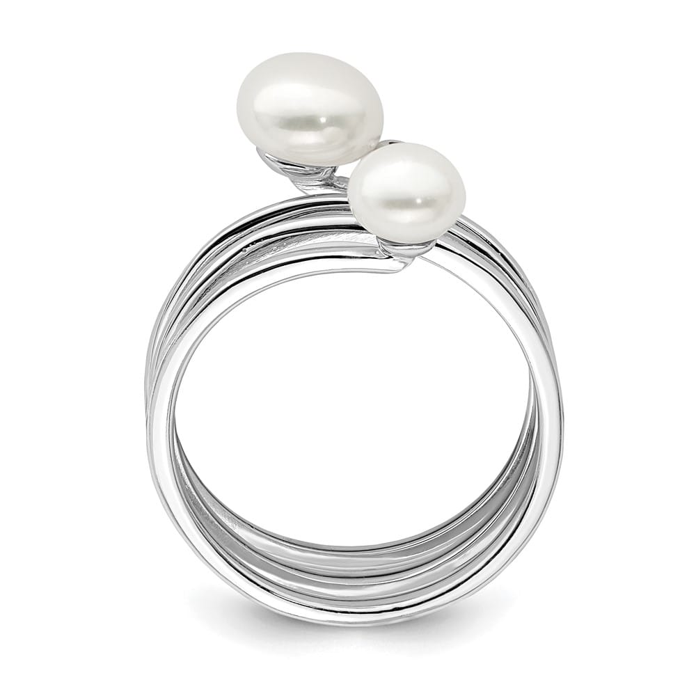 Sterling Silver White Button Cultured Pearl CZ 5-7 mm Textured Ring Adjustable
