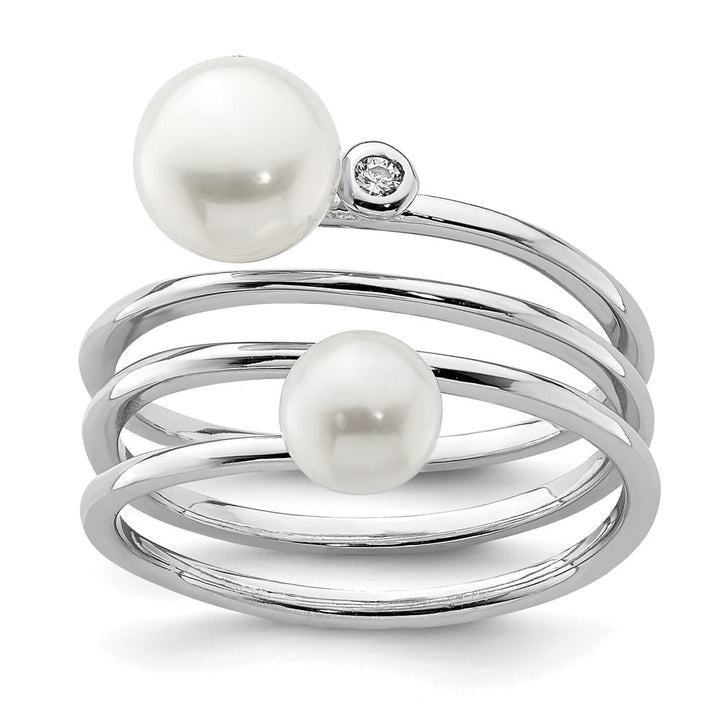 Sterling Silver White Button Cultured Pearl CZ 5-7 mm Textured Ring Adjustable