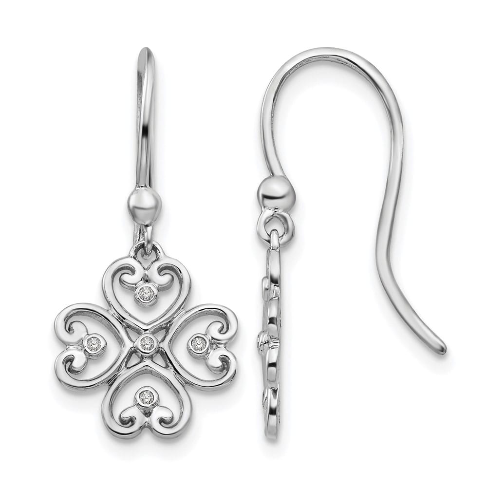 Sterling Silver White Diamond 4 Heart Shepherd Hook Dangle Earrings, view 1 of 7