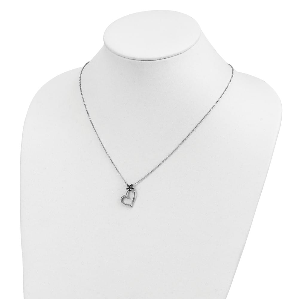 Sterling Silver White Diamond Heart with Flower 18 inch Necklace