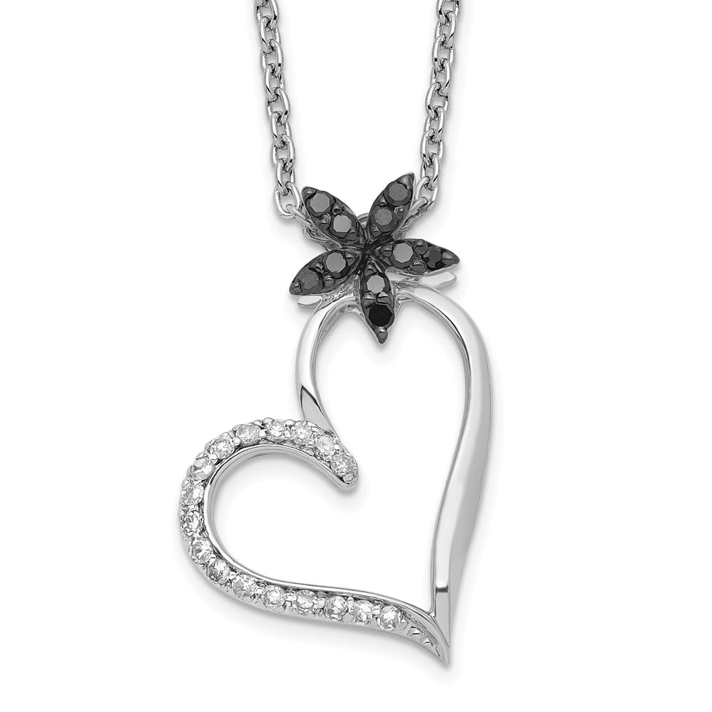 Sterling Silver White Diamond Heart with Flower 18 inch Necklace