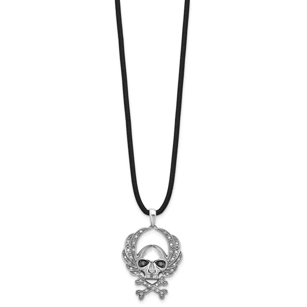 Sterling Silver White Diamond Skull Rubber Cord 18 inch Necklace