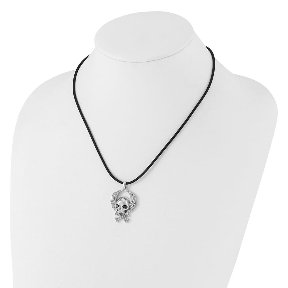 Sterling Silver White Diamond Skull Rubber Cord 18 inch Necklace