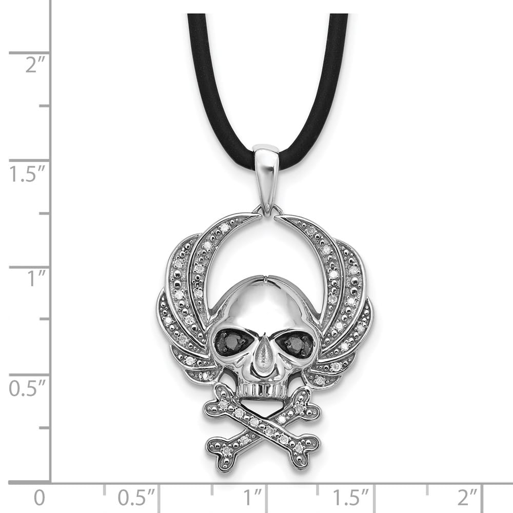 Sterling Silver White Diamond Skull Rubber Cord 18 inch Necklace