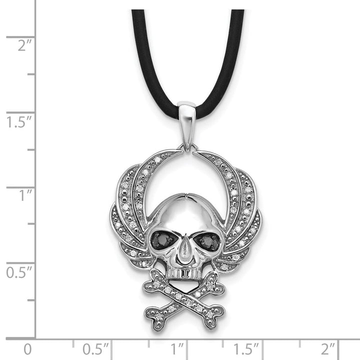 Sterling Silver White Diamond Skull Rubber Cord 18 inch Necklace