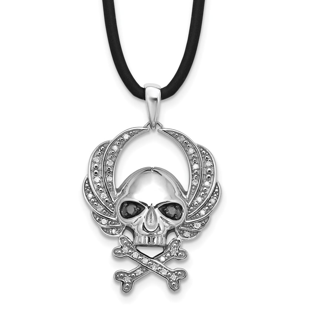 Sterling Silver White Diamond Skull Rubber Cord 18 inch Necklace