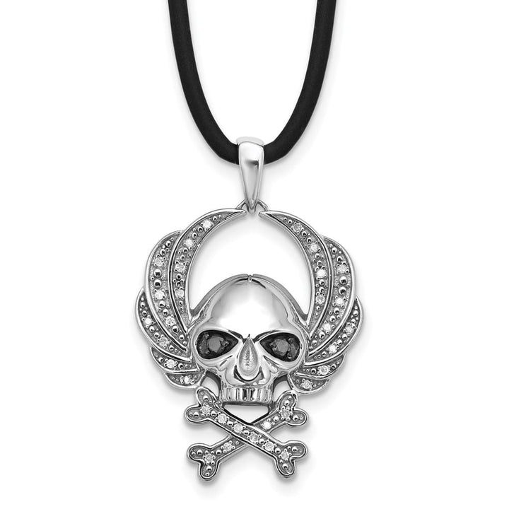 Sterling Silver White Diamond Skull Rubber Cord 18 inch Necklace
