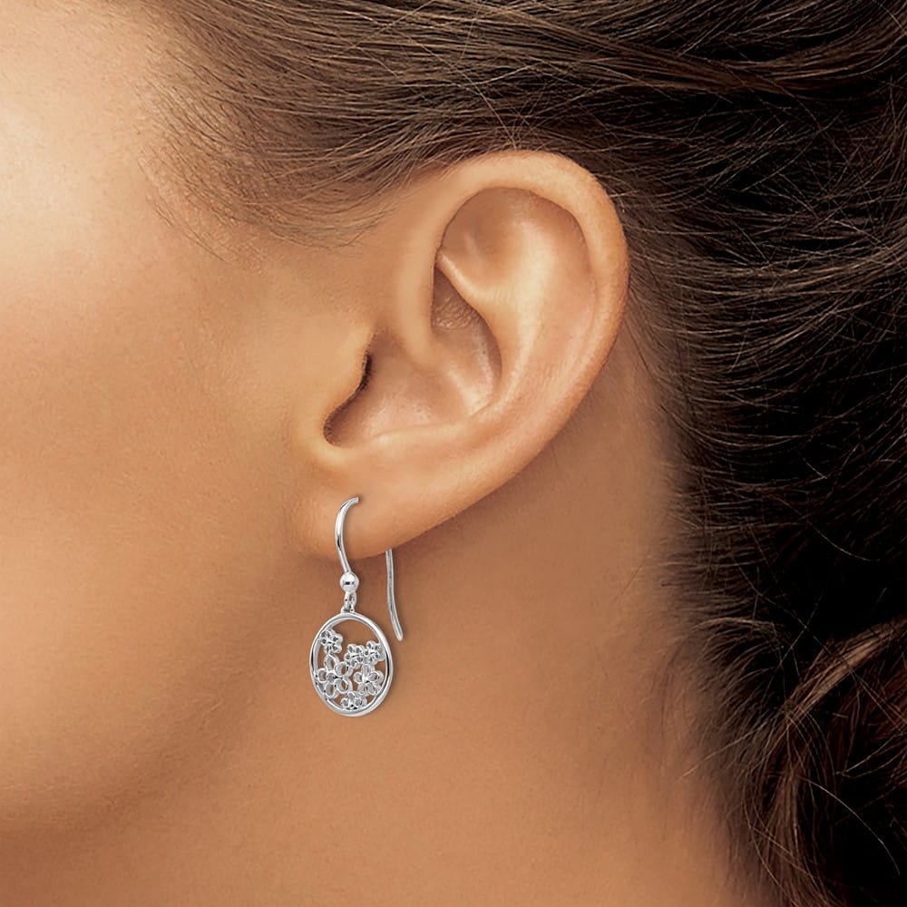 Sterling Silver White Ice Diamond Flower Shepherd Hook Dangle Earrings, view 3 of 7