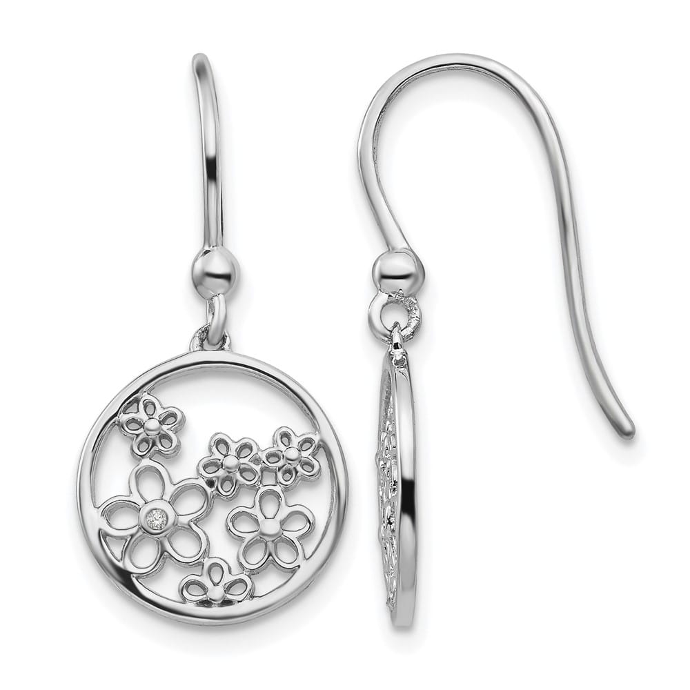 Sterling Silver White Ice Diamond Flower Shepherd Hook Dangle Earrings, view 1 of 7