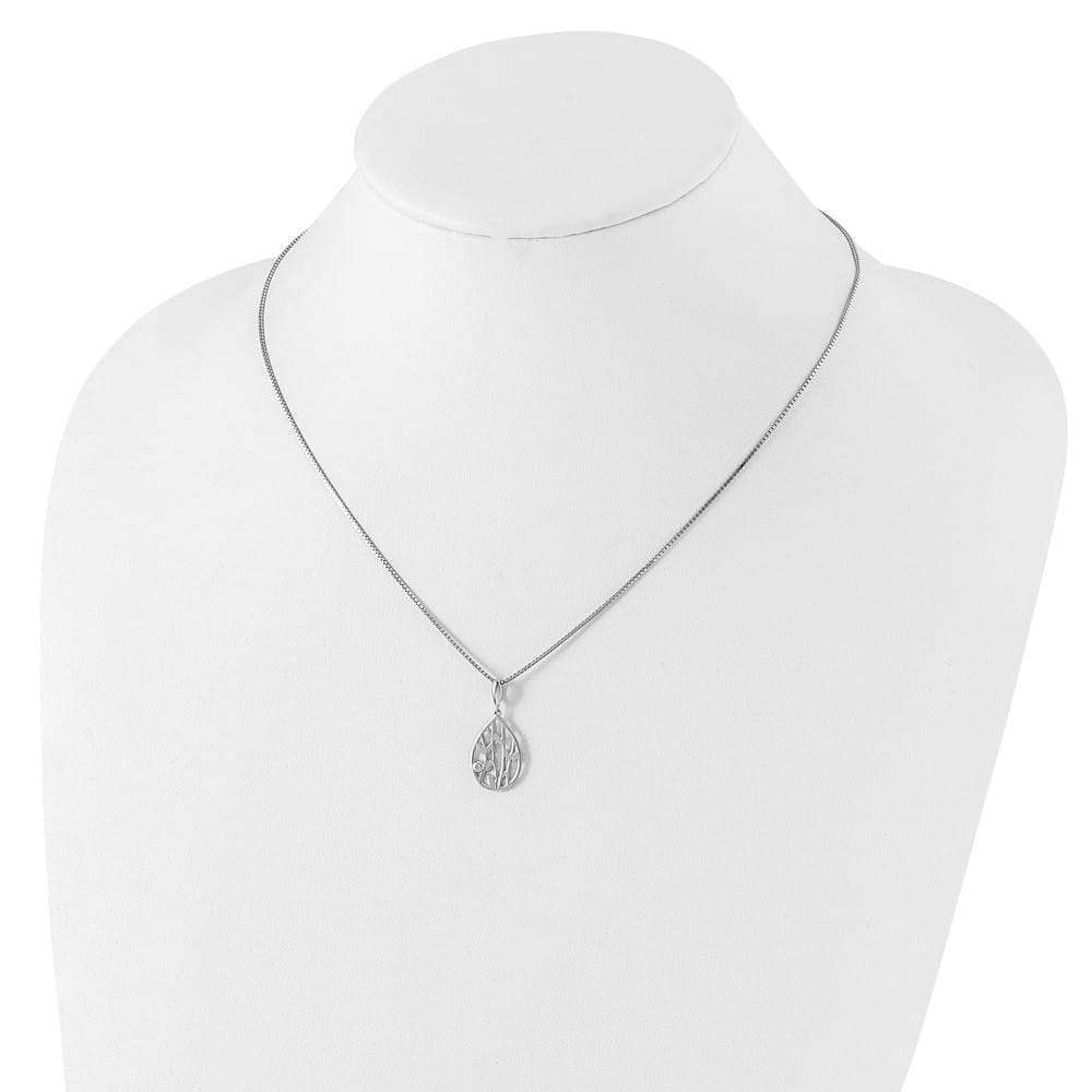 Sterling Silver White Ice Diamond Leaf Pendant 20 inch Necklace