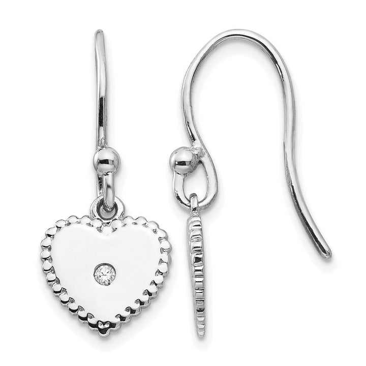 Sterling Silver White Ice Diamond Shepherd Hook Heart Dangle Earrings, view 1 of 7