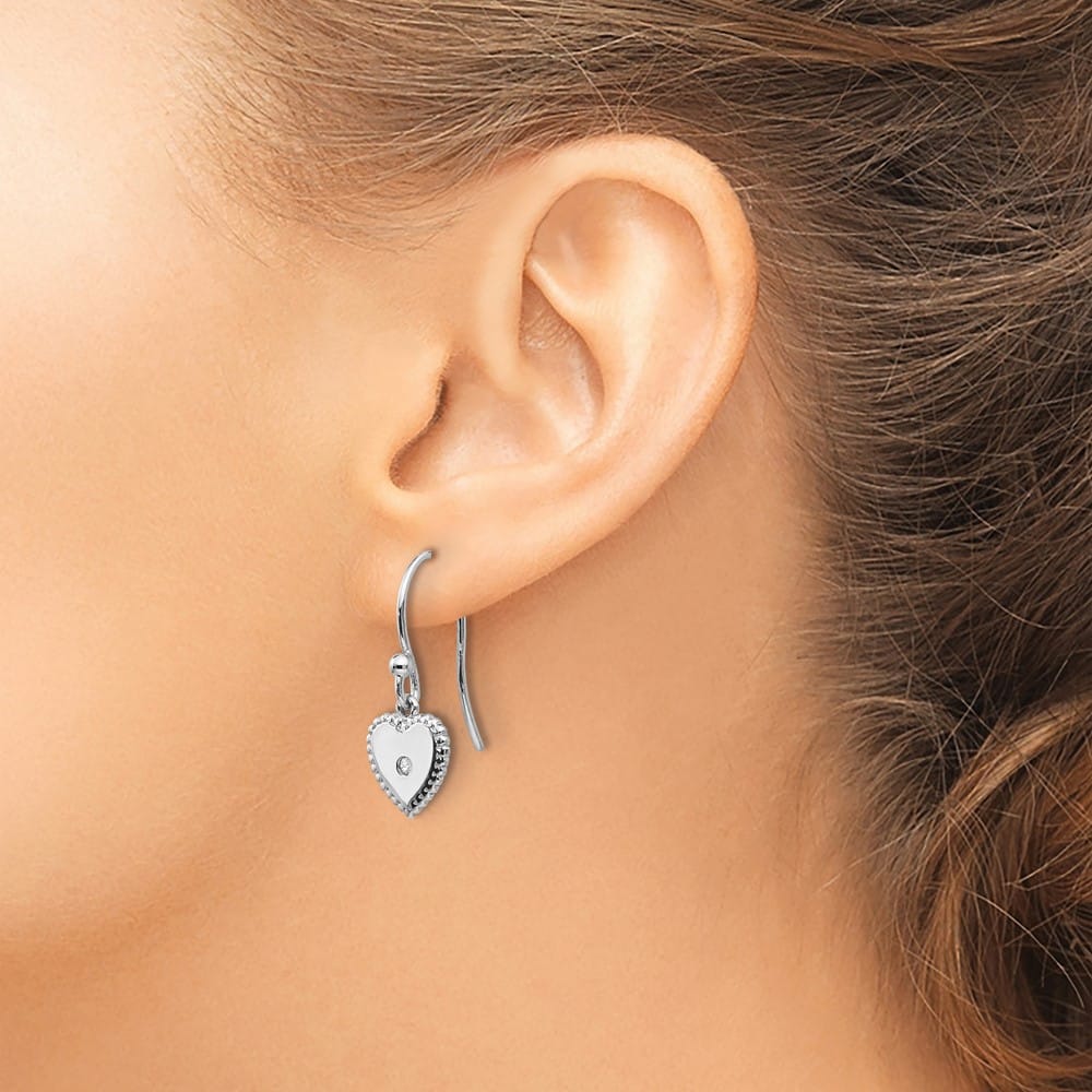 Sterling Silver White Ice Diamond Shepherd Hook Heart Dangle Earrings, view 3 of 7