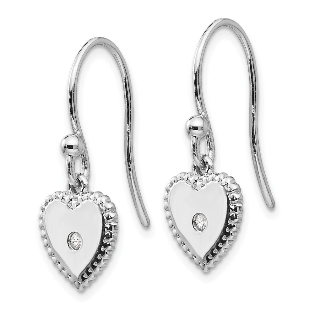 Sterling Silver White Ice Diamond Shepherd Hook Heart Dangle Earrings, view 2 of 7