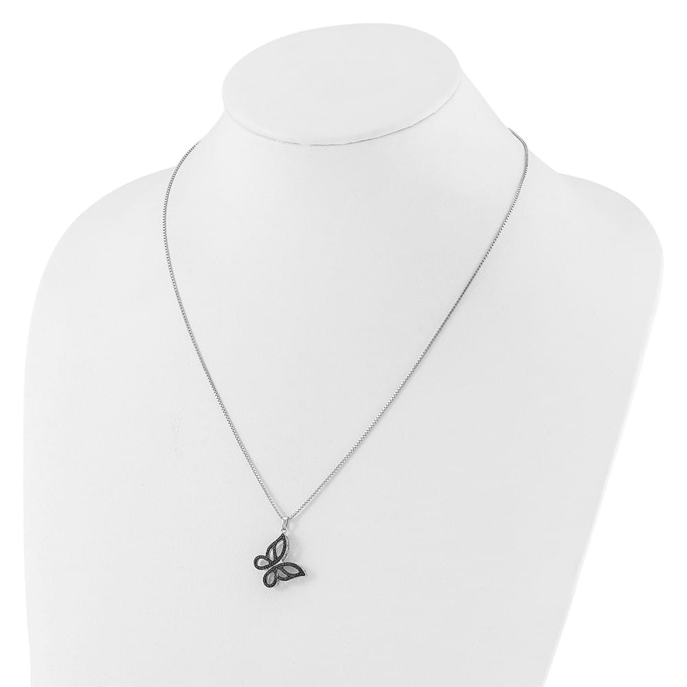 Sterling Silver White Night Black Diamond Butterfly 18 inch Necklace