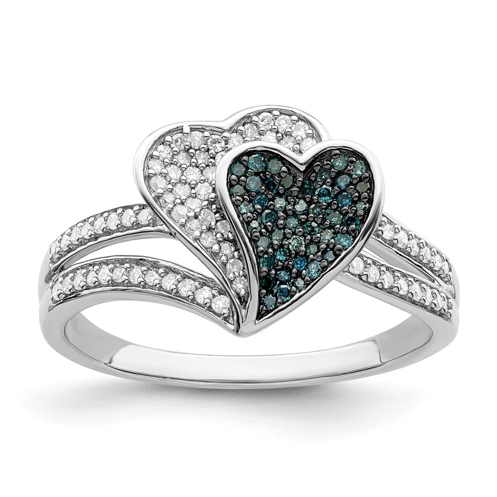 Sterling Silver White Night Blue and White Diamond Hearts Ring