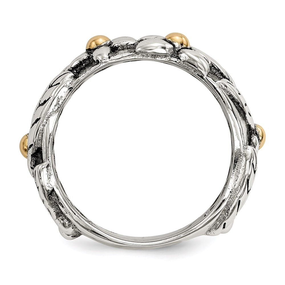 Sterling Silver with 14K Gold Accents Antiqued Leaves and Flowers Band