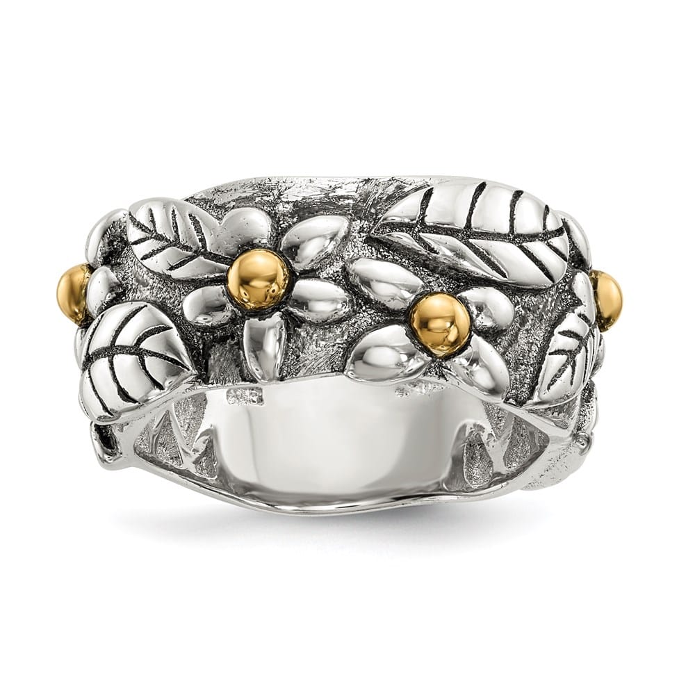 Sterling Silver with 14K Gold Accents Antiqued Leaves and Flowers Band