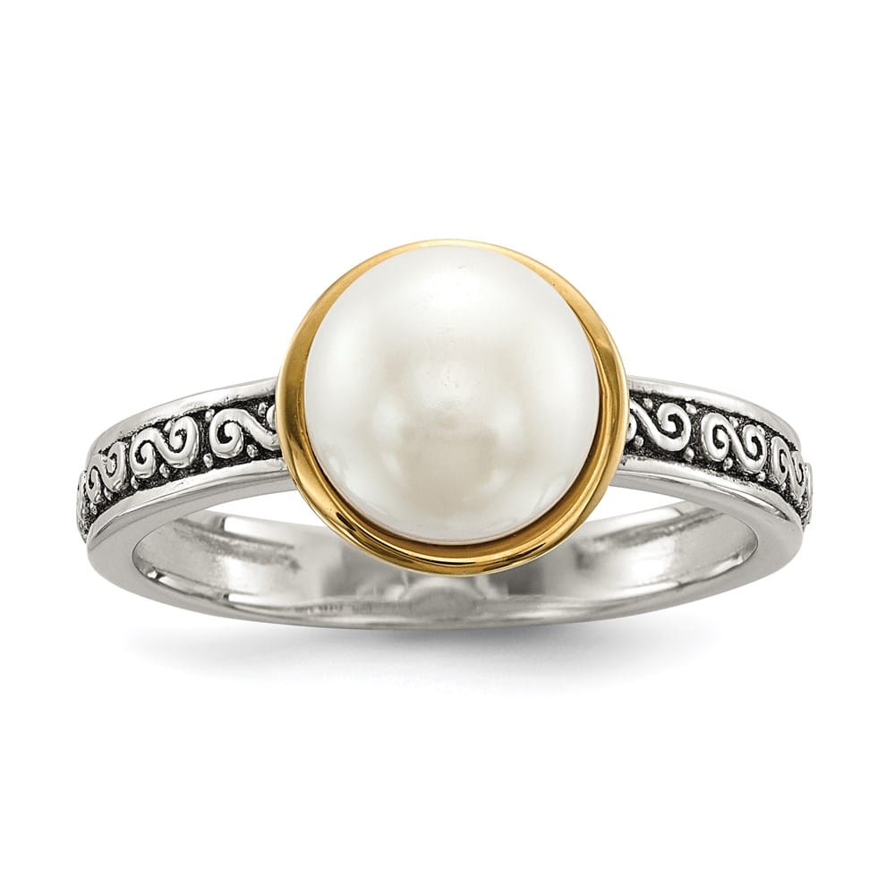 Sterling Silver with 14K Gold Accents Button Freshwater Pearl Rings
