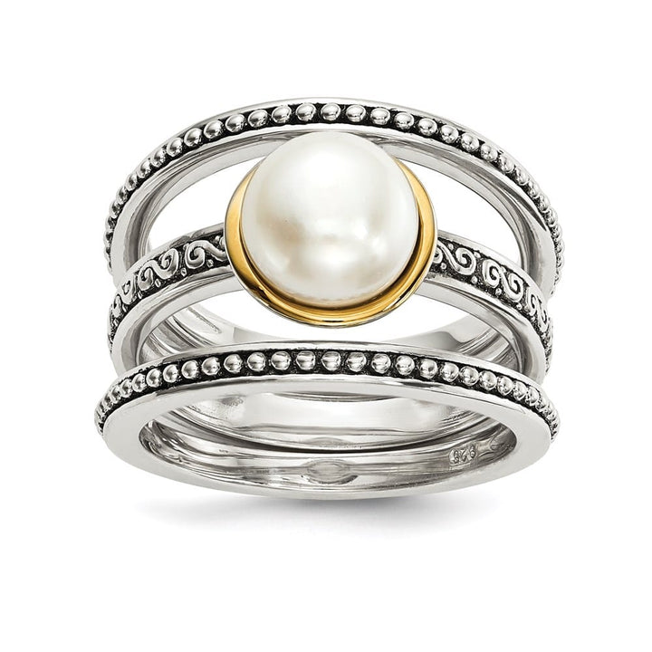 Sterling Silver with 14K Gold Accents Button Freshwater Pearl Rings