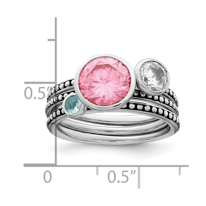 Sterling Silver with Pink & White CZ and Blue Glass Ring Set