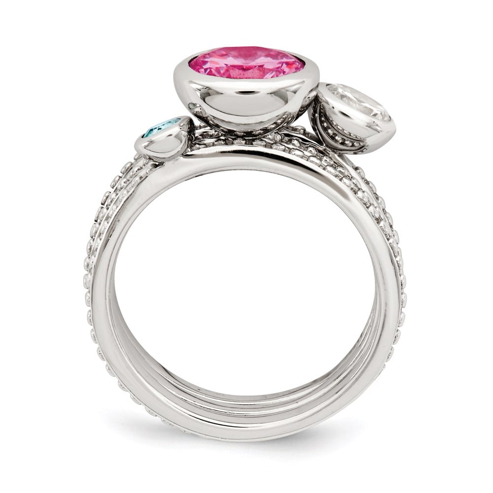 Sterling Silver with Pink & White CZ and Blue Glass Ring Set
