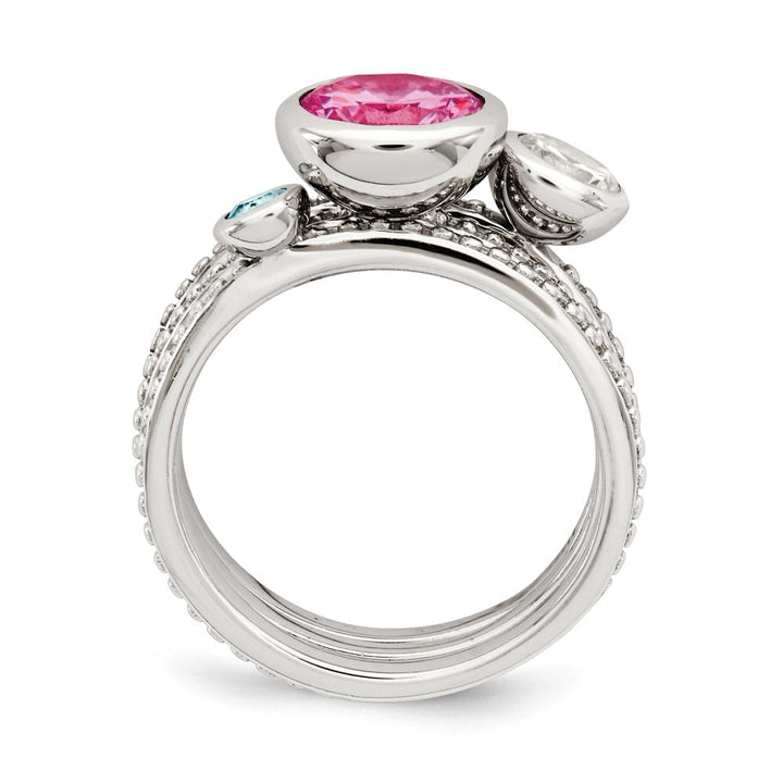 Sterling Silver with Pink & White CZ and Blue Glass Ring Set