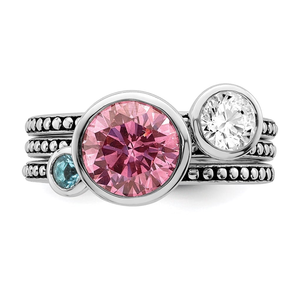 Sterling Silver with Pink & White CZ and Blue Glass Ring Set