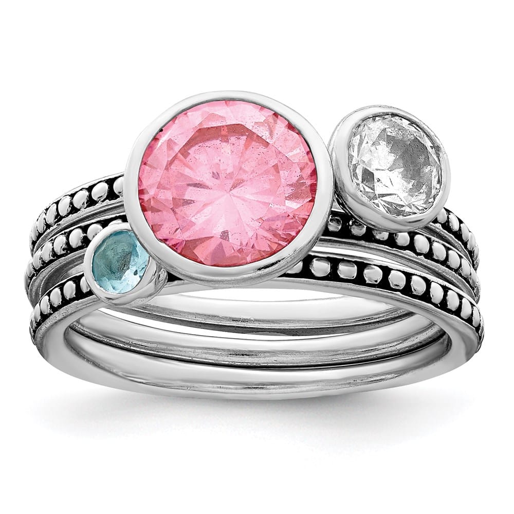Sterling Silver with Pink & White CZ and Blue Glass Ring Set