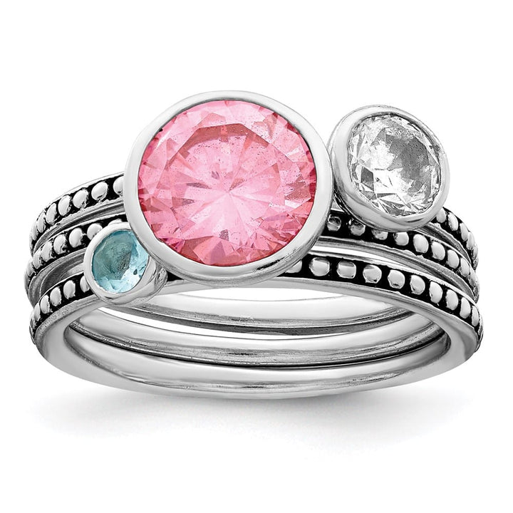 Sterling Silver with Pink & White CZ and Blue Glass Ring Set