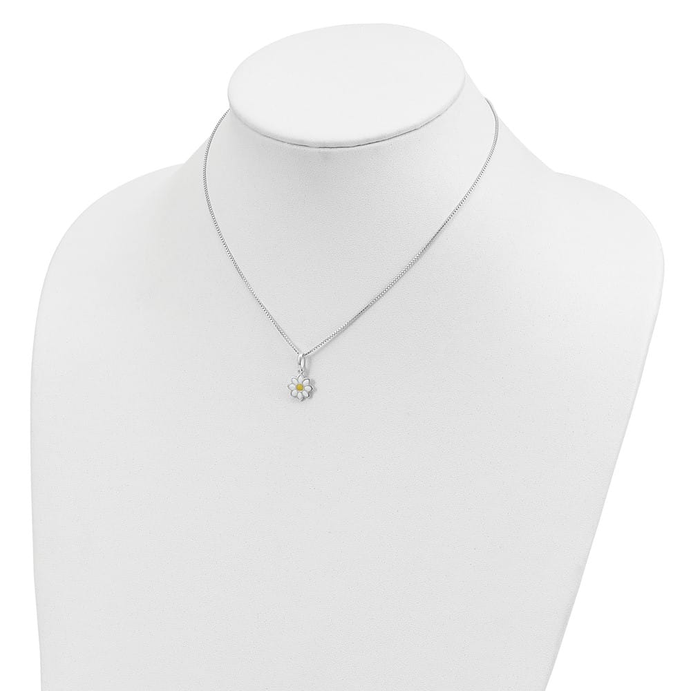 Sterling Silver Yellow & White Enameled Flower 15 Inch Necklace