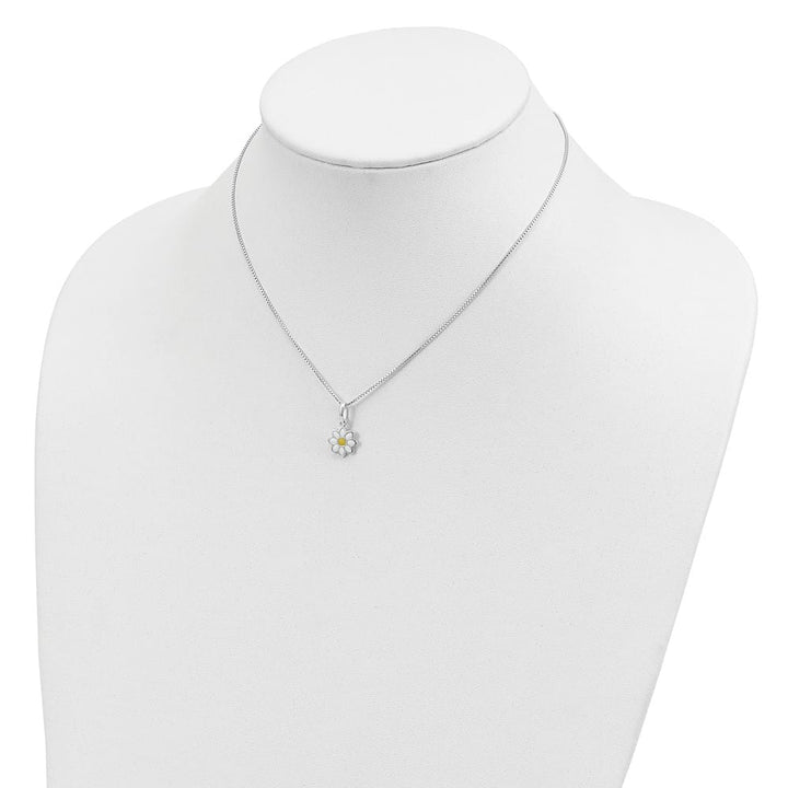 Sterling Silver Yellow & White Enameled Flower 15 Inch Necklace