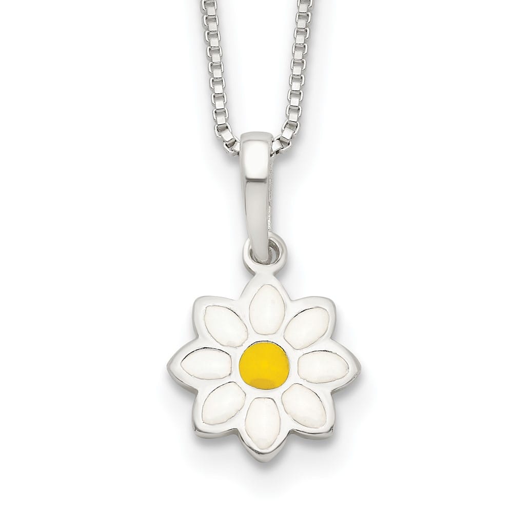 Sterling Silver Yellow & White Enameled Flower 15 Inch Necklace