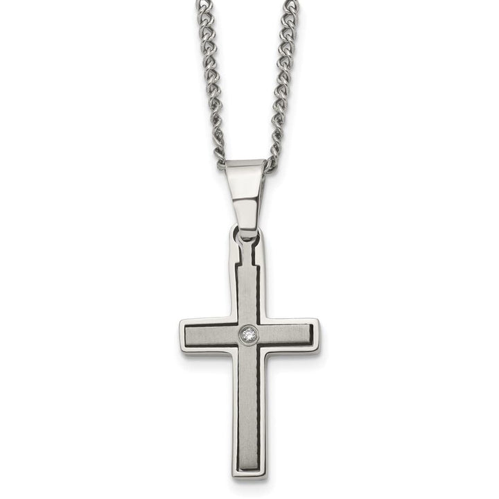 Titanium Brushed and with .03 ct Diamond Cross 22 inch Necklace
