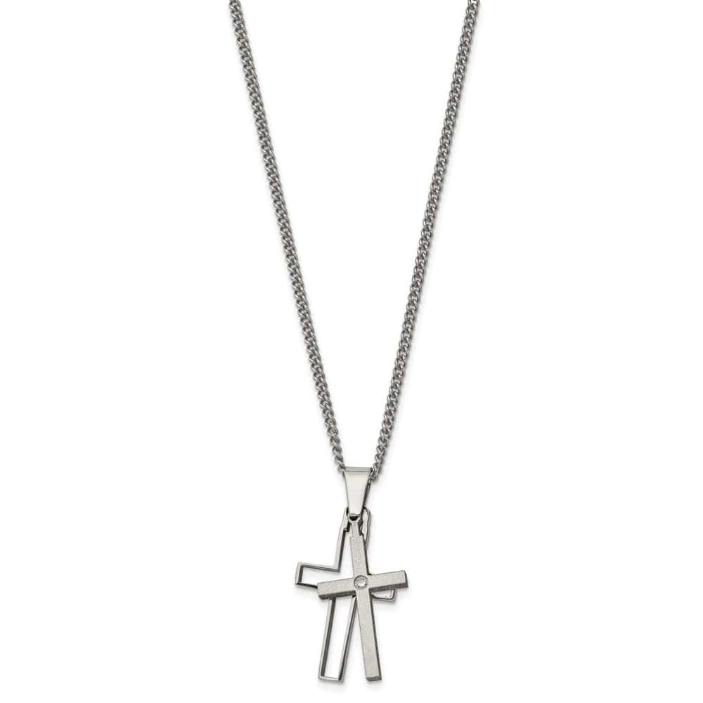 Titanium Brushed and with .03 ct Diamond Cross 22 inch Necklace