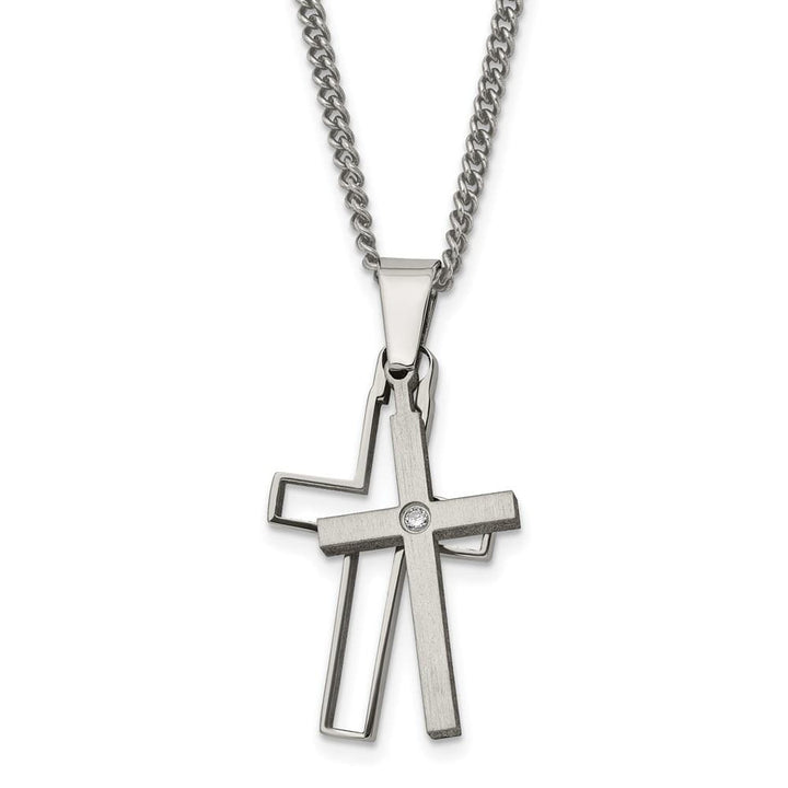 Titanium Brushed and with .03 ct Diamond Cross 22 inch Necklace