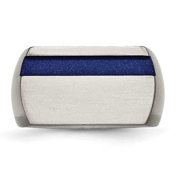 Titanium Grey Ti Brushed Blue Annodized Stripe Men's Ring