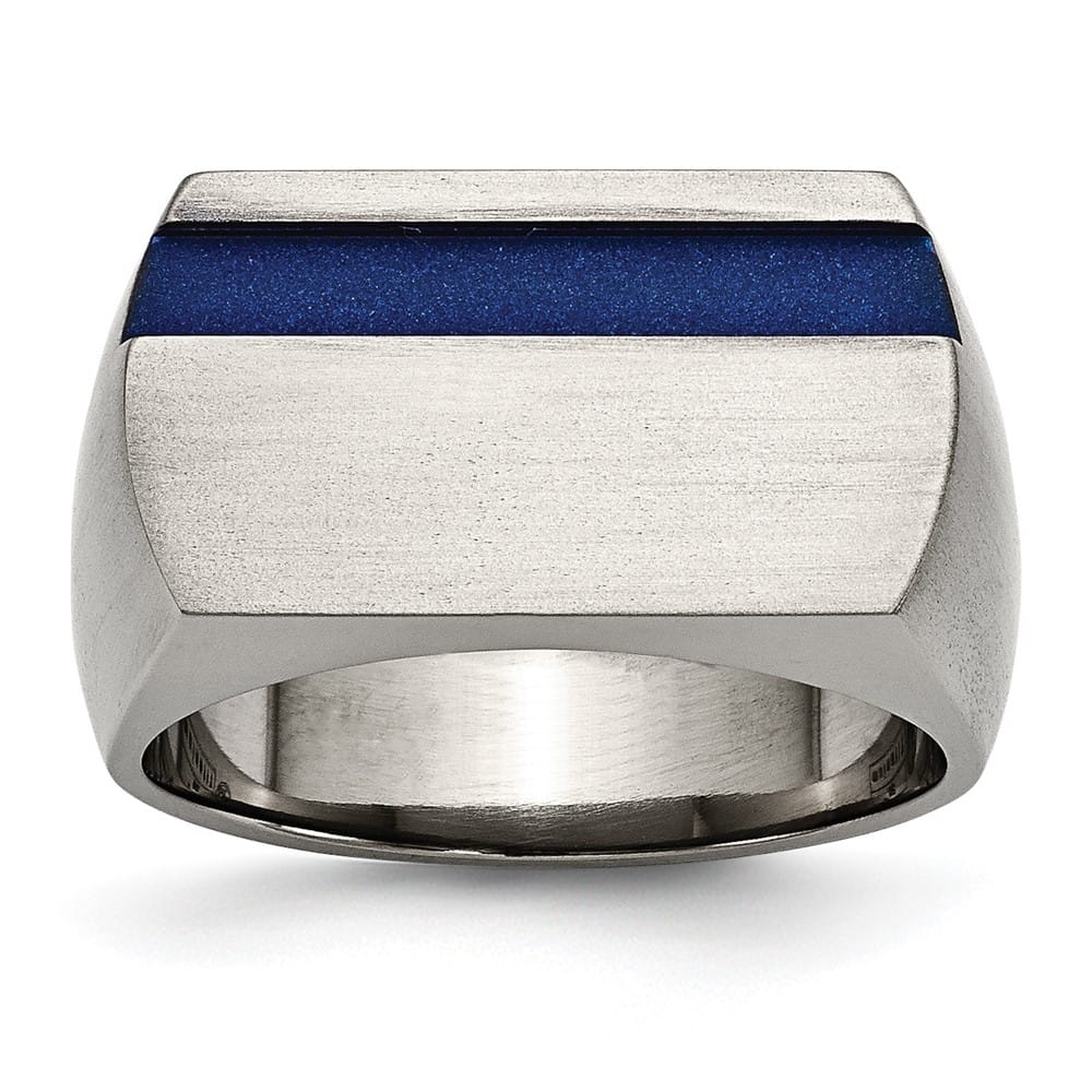 Titanium Grey Ti Brushed Blue Annodized Stripe Men's Ring
