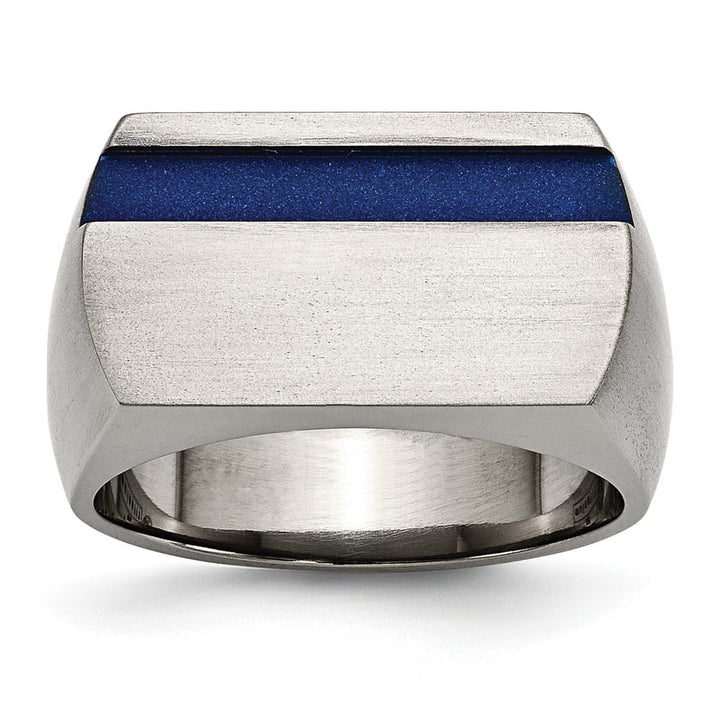 Titanium Grey Ti Brushed Blue Annodized Stripe Men's Ring