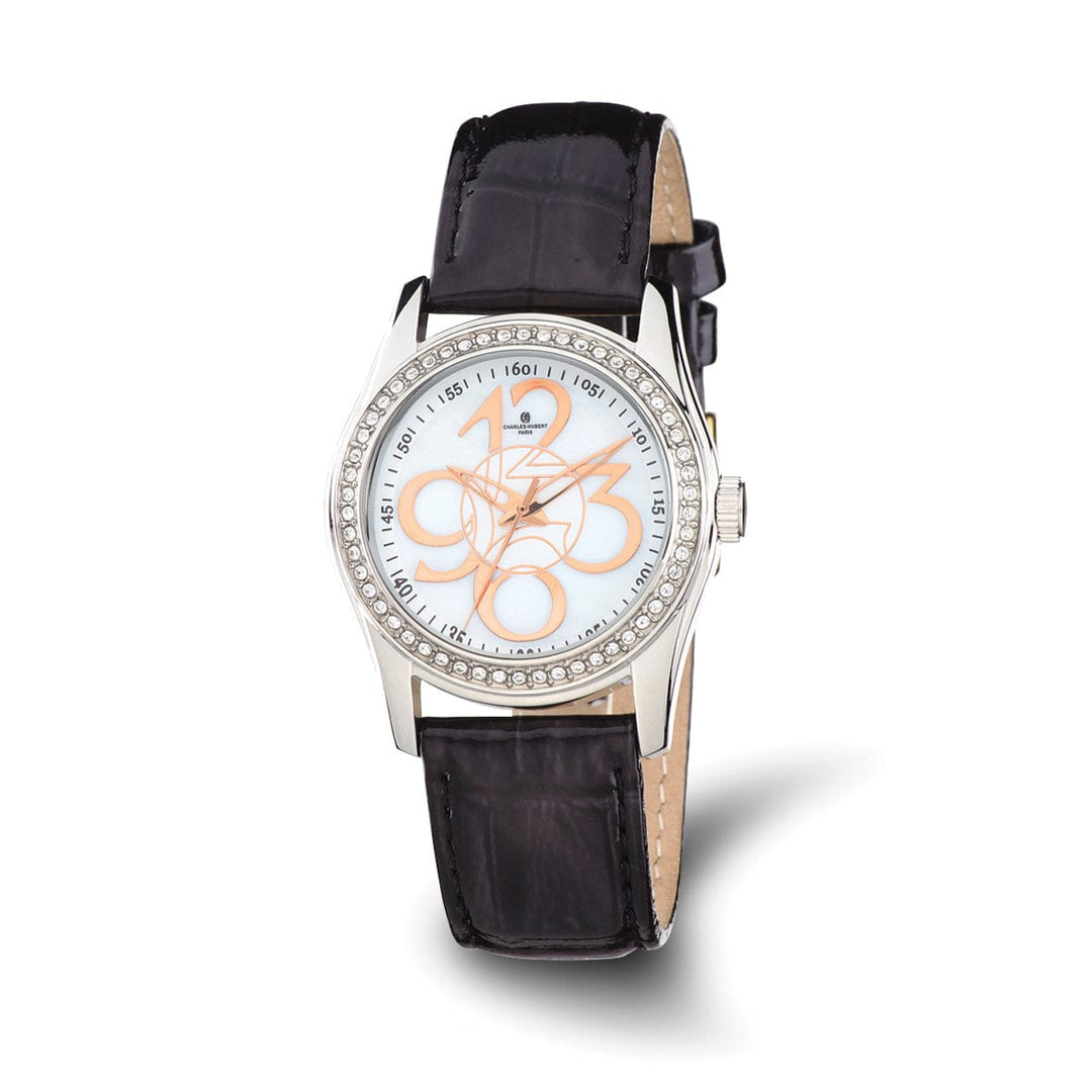 Lovely Rita's Watch Charles Hubert Ladies Elegant Crystal Bezel Black SS Leather Watch